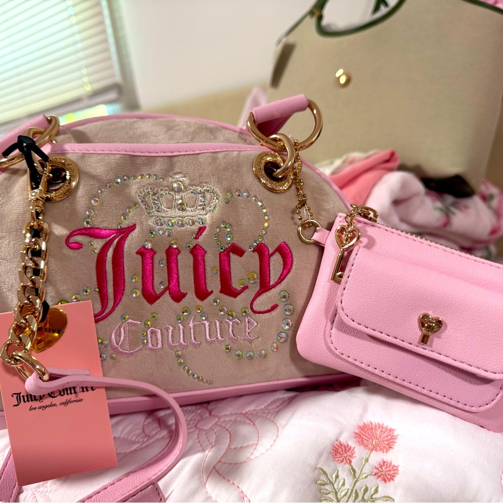 Juicy Couture Pink and Beige Embroidered Satchel with Gold Hardware